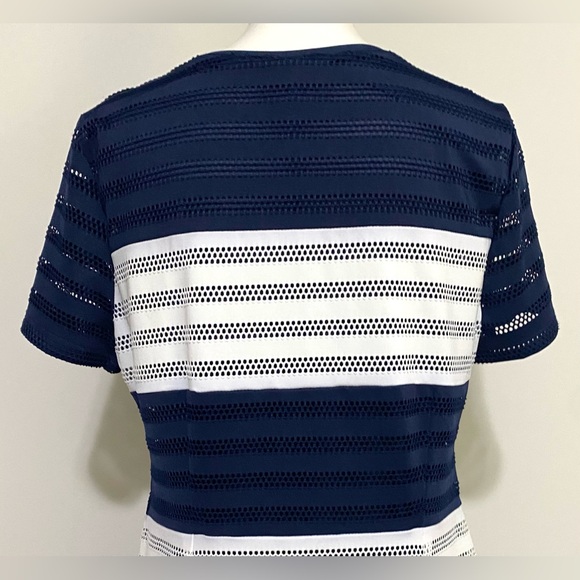 Beige by ECI Womens L Navy Blue White Stripe Short Sleeve Straight Dress Classic - Picture 5 of 12